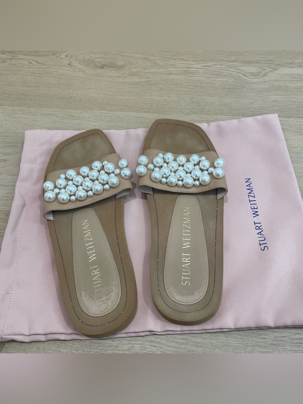 Stuart Weitzman Taupe Pearl-Embellished Slide Mules